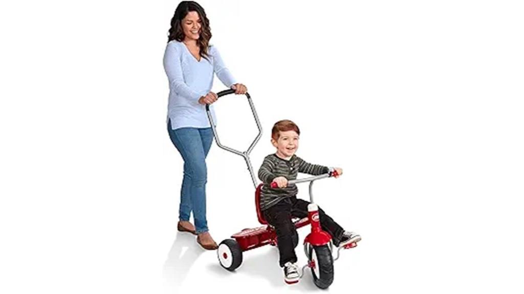child s red tricycle with handle