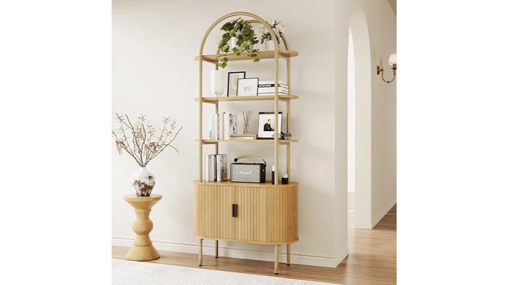 fluted arched bookshelf with sliding doors