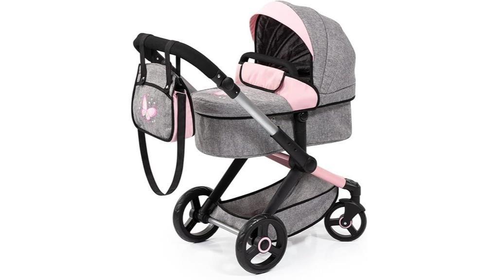 grey and pink doll handbag