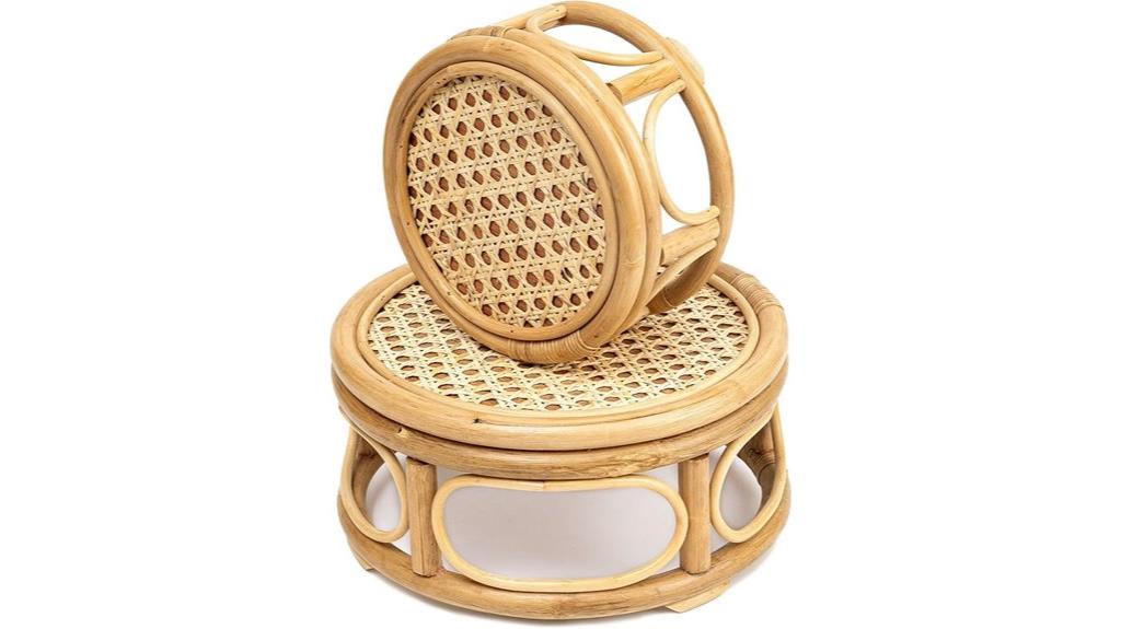 pair of round rattan stands
